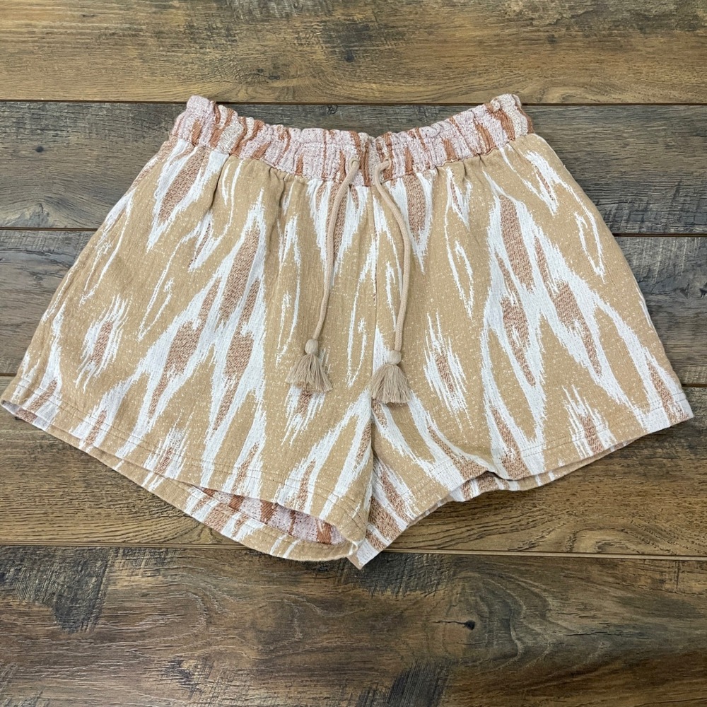 Aerie Ikat Print Smocked Waist Tassel Drawstring Shorts Tan L Coastal Boho NWT